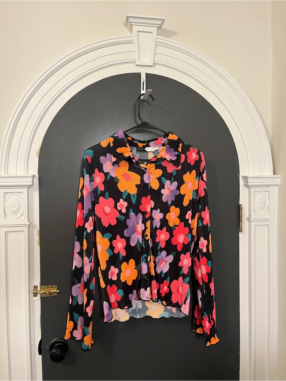Black Floral Button-Front Blouse with Bright Multicolor Flowers